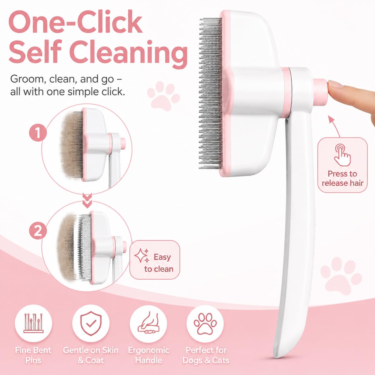 JADUFHU Self-Cleaning Cat Grooming Brush - Undercoat Removal | Stainless Steel Bristles | Pink 2