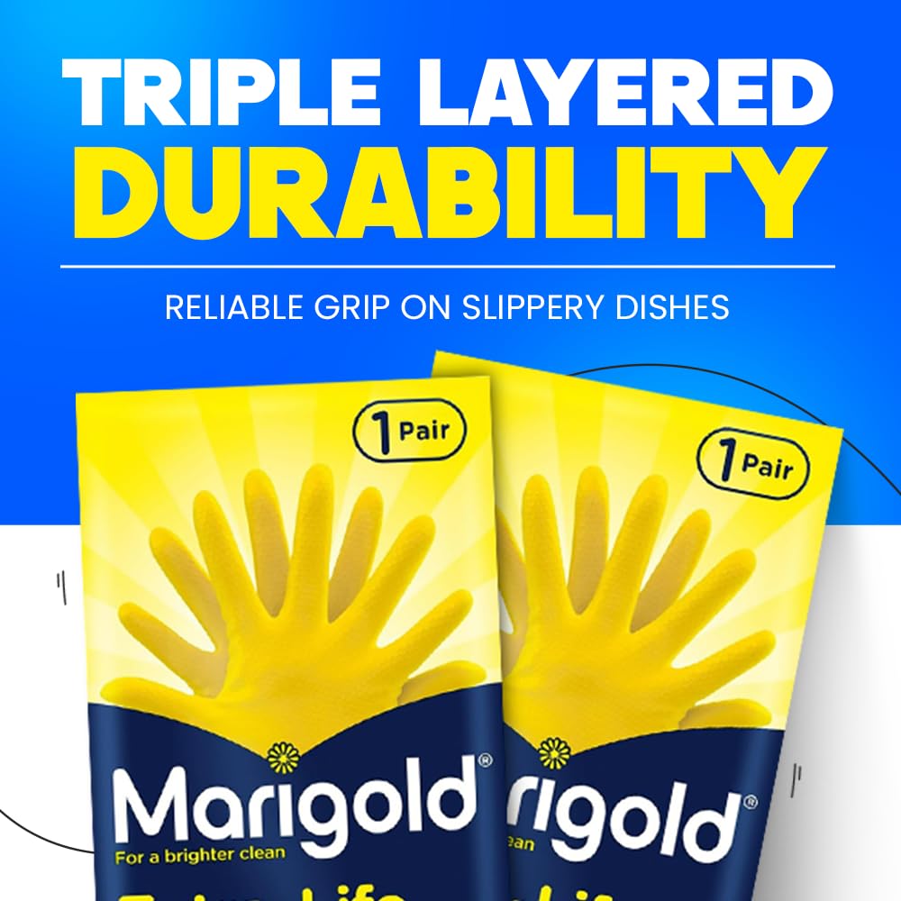 Marigold Extra Life Kitchen Gloves - Triple Layered Latex, Cotton Lined, Size S, Yellow 6