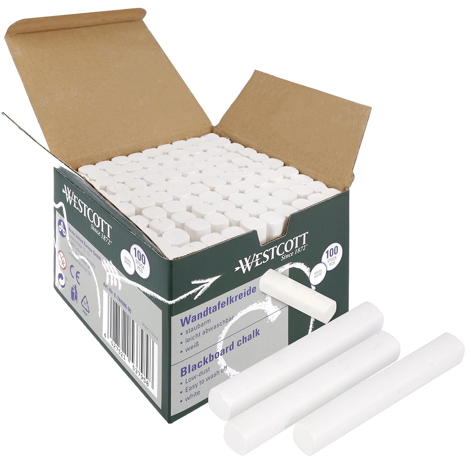 Westcott White Chalk - 100 Count Value Pack | Low Dust | Washable | 1.2cm Diameter