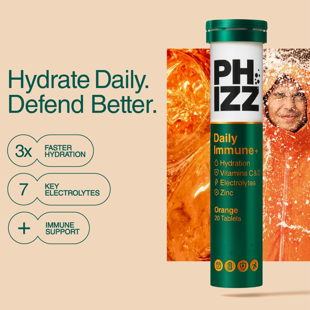 Phizz Daily Immune+ Orange Effervescent Tablets - Hydration, Immunity, Electrolytes & Vitamins - 20 Count 2