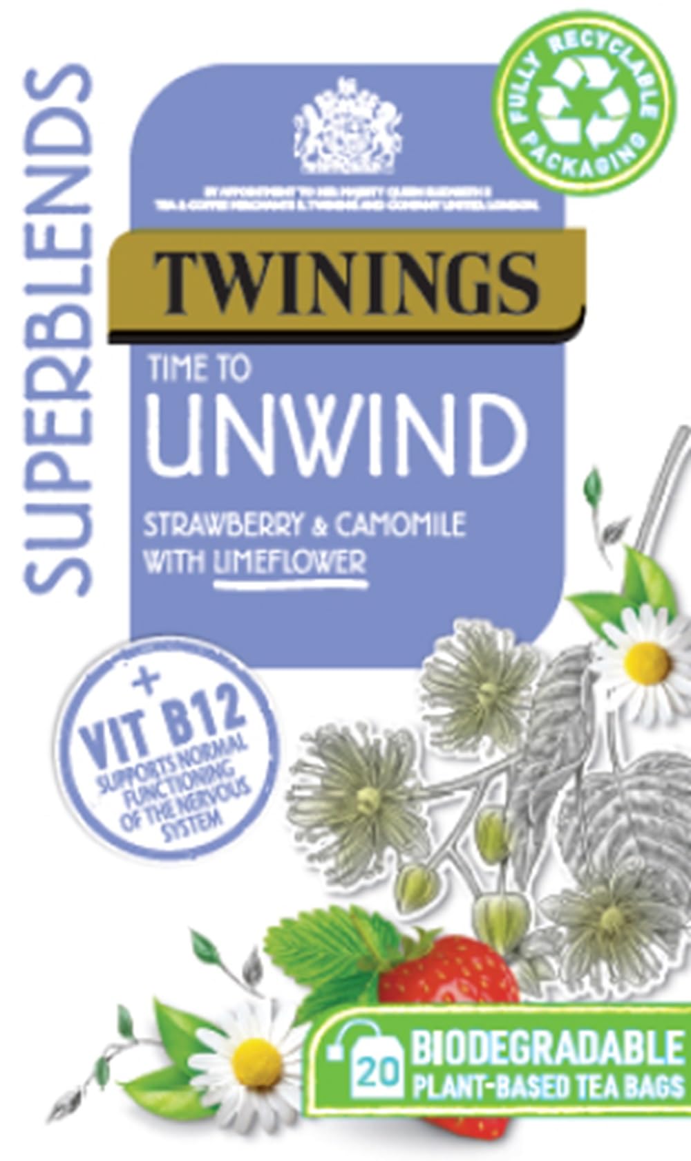 Twinings Superblends Unwind Tea – Erdbeer-Kräutertee mit Kamille, Zitronenmelisse, Lindenblüte und Vitamin B12, 80 biologisch abbaubare Teebeutel