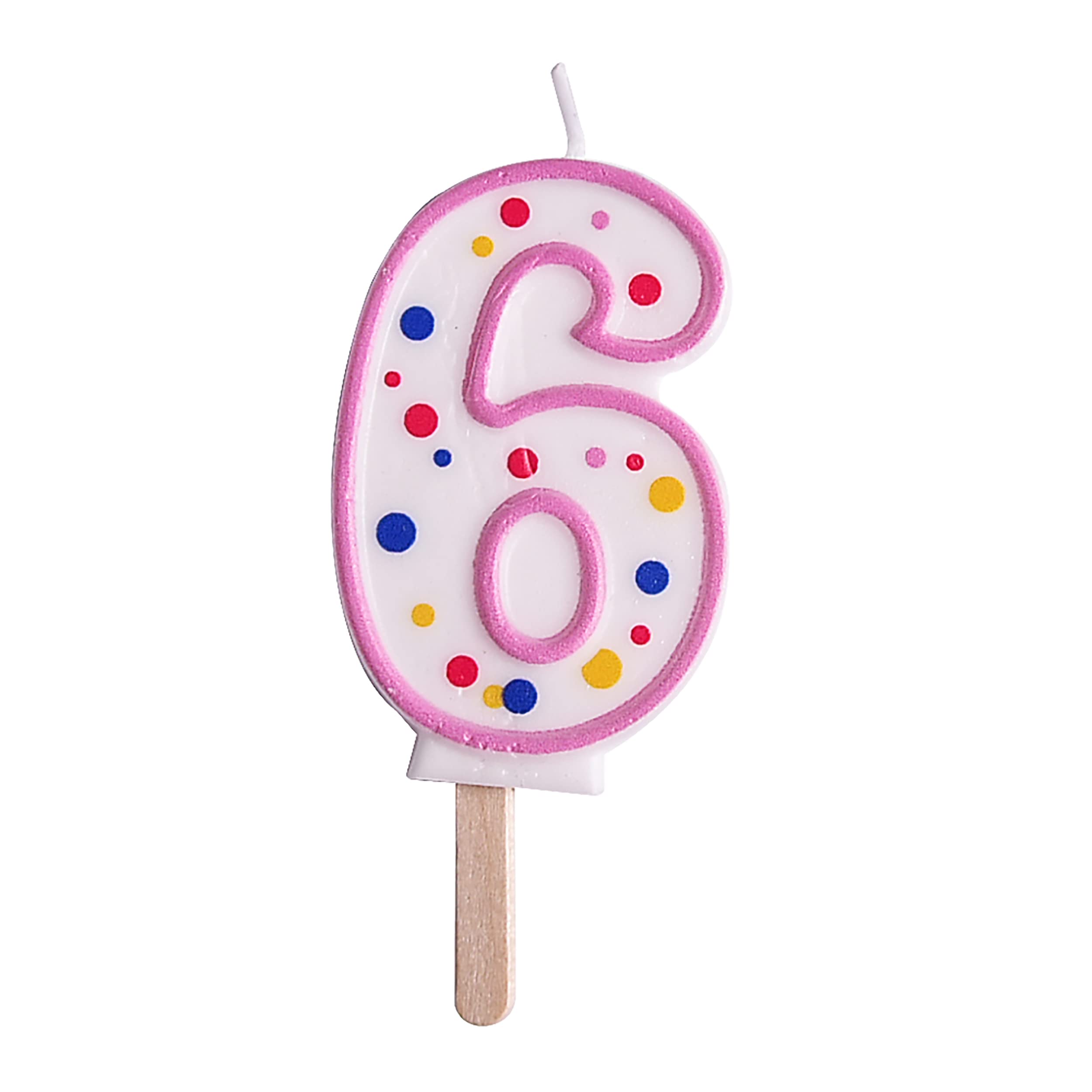 PME Pink Number 6 Birthday Candle with Multi-Coloured Polka Dots | 6.3cm