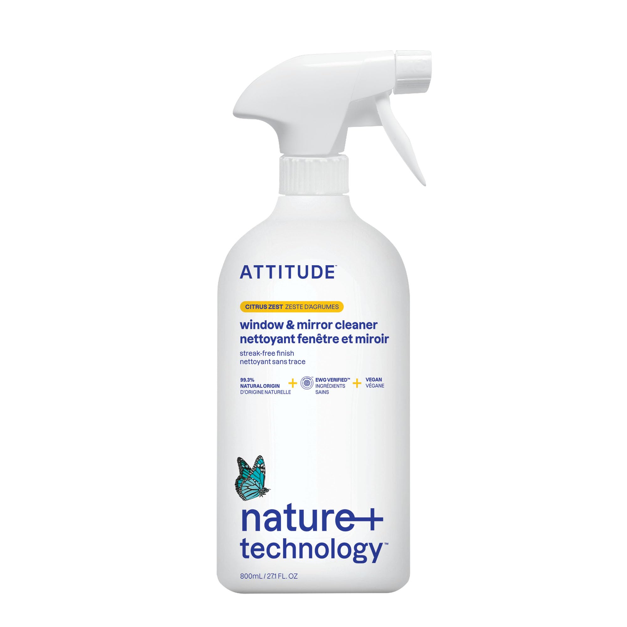 ATTITUDE Window & Mirror Cleaner - EWG Verified, Plant-Based, Citrus Zest Scent | 800 ml