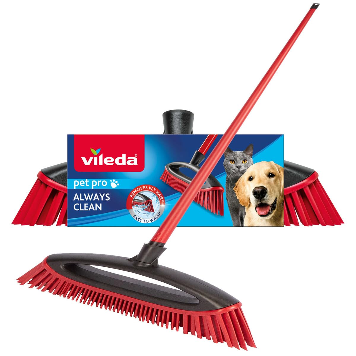 Vileda Pet Pro Always Clean Besen – Gummibesen zum Entfernen von Tierhaaren, abgewinkelte Borsten für Ecken, leicht abzuspülen, rot