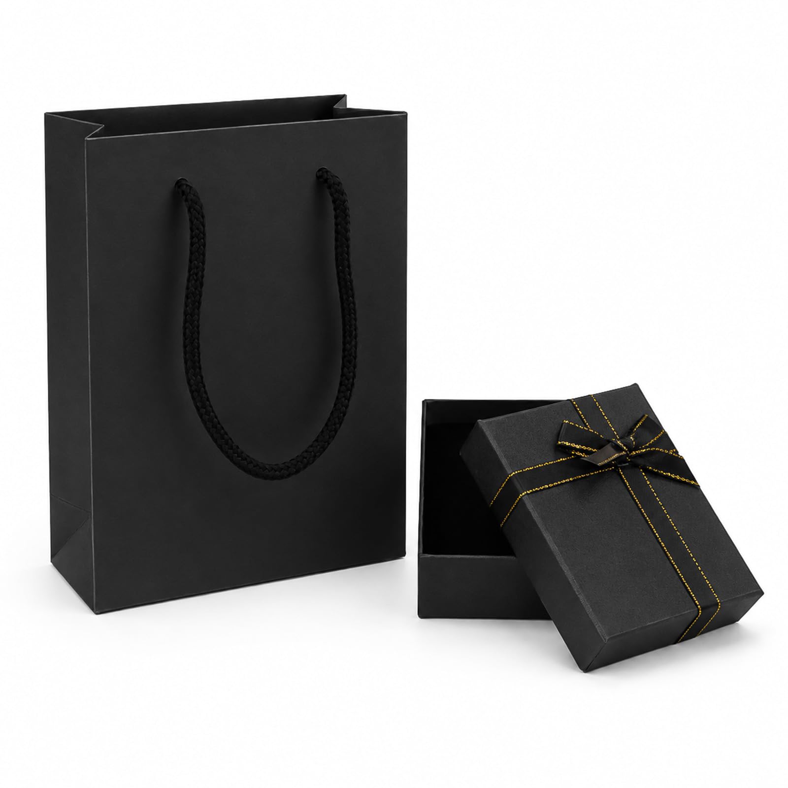 Admygo Premium Black Jewelry Gift Box and Paper Bag Set | 7x9x3cm Box | Includes Ribbon Bow