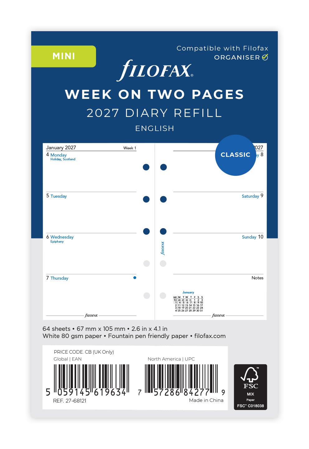 Filofax Mini Personal Organiser Diary Refill 2027 - Week on Two Pages | 67mm x 105mm 1