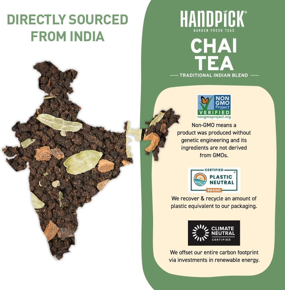 HANDPICK Masala Chai Teebeutel aus Indien (100 Stück) – Zimt, schwarzer Pfeffer, Nelken und Kardamom – umweltbewusste runde Teebeutel