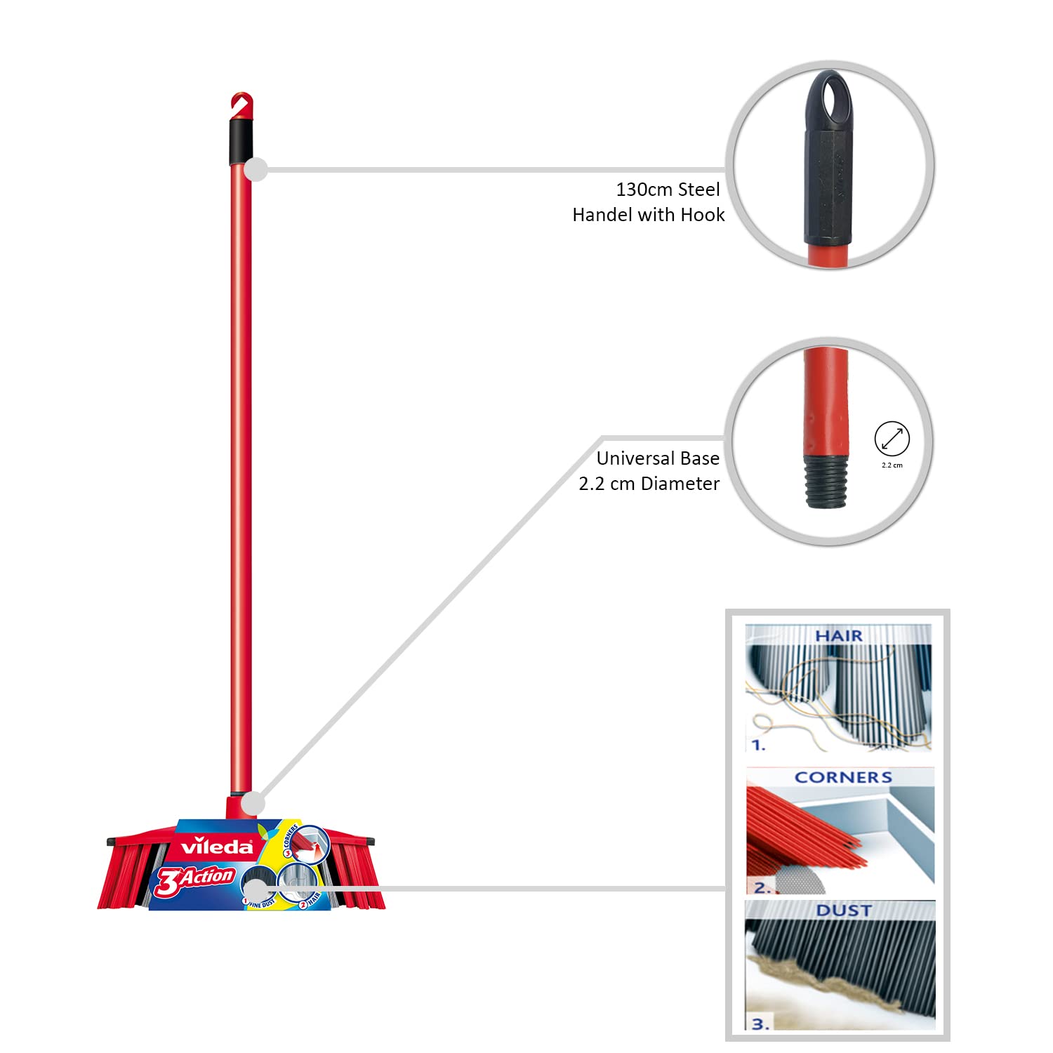 Vileda 3Action Indoor Broom with 3 Different Bristles, Red - Grey, 28 x 14 cm