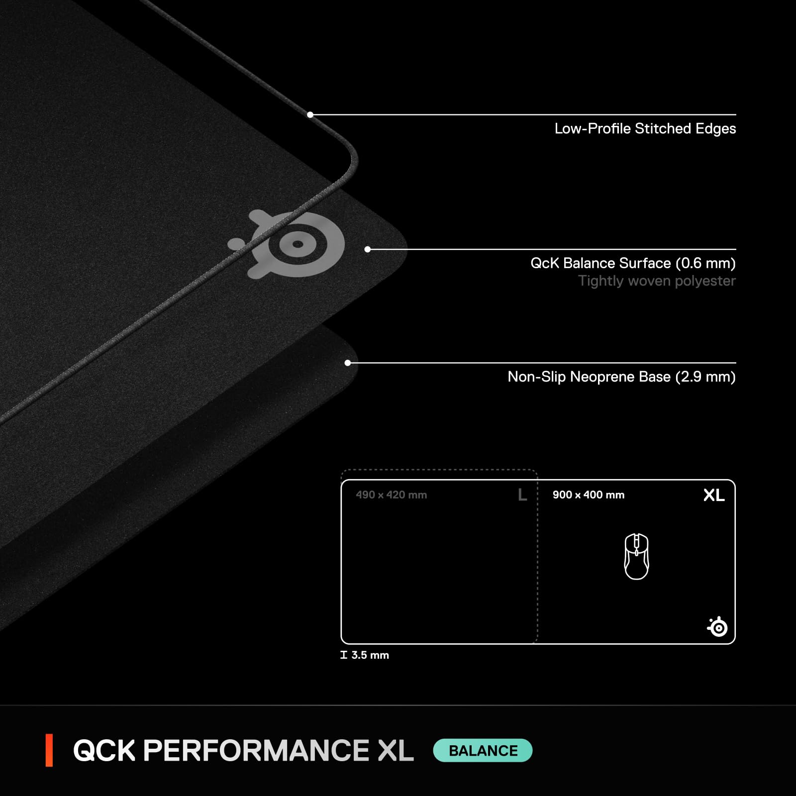 SteelSeries QcK XL Performance Balance Gaming Mousepad - 90x40cm Black 16