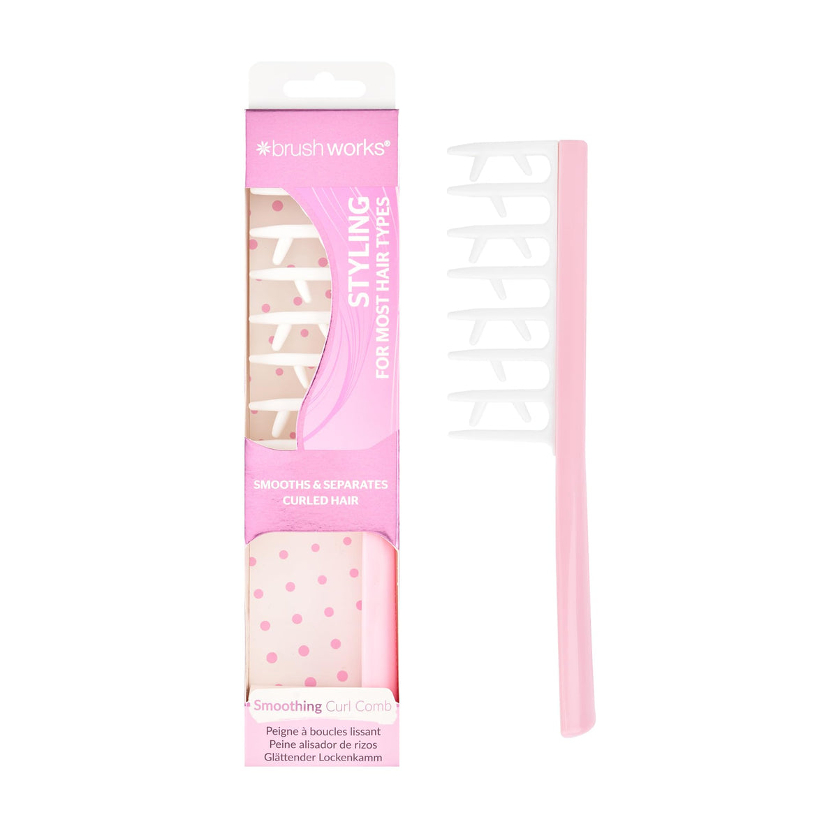 Brushworks Smoothing Curl Comb - Detangling, Frizz-Reducing, Curl Definition | Pink