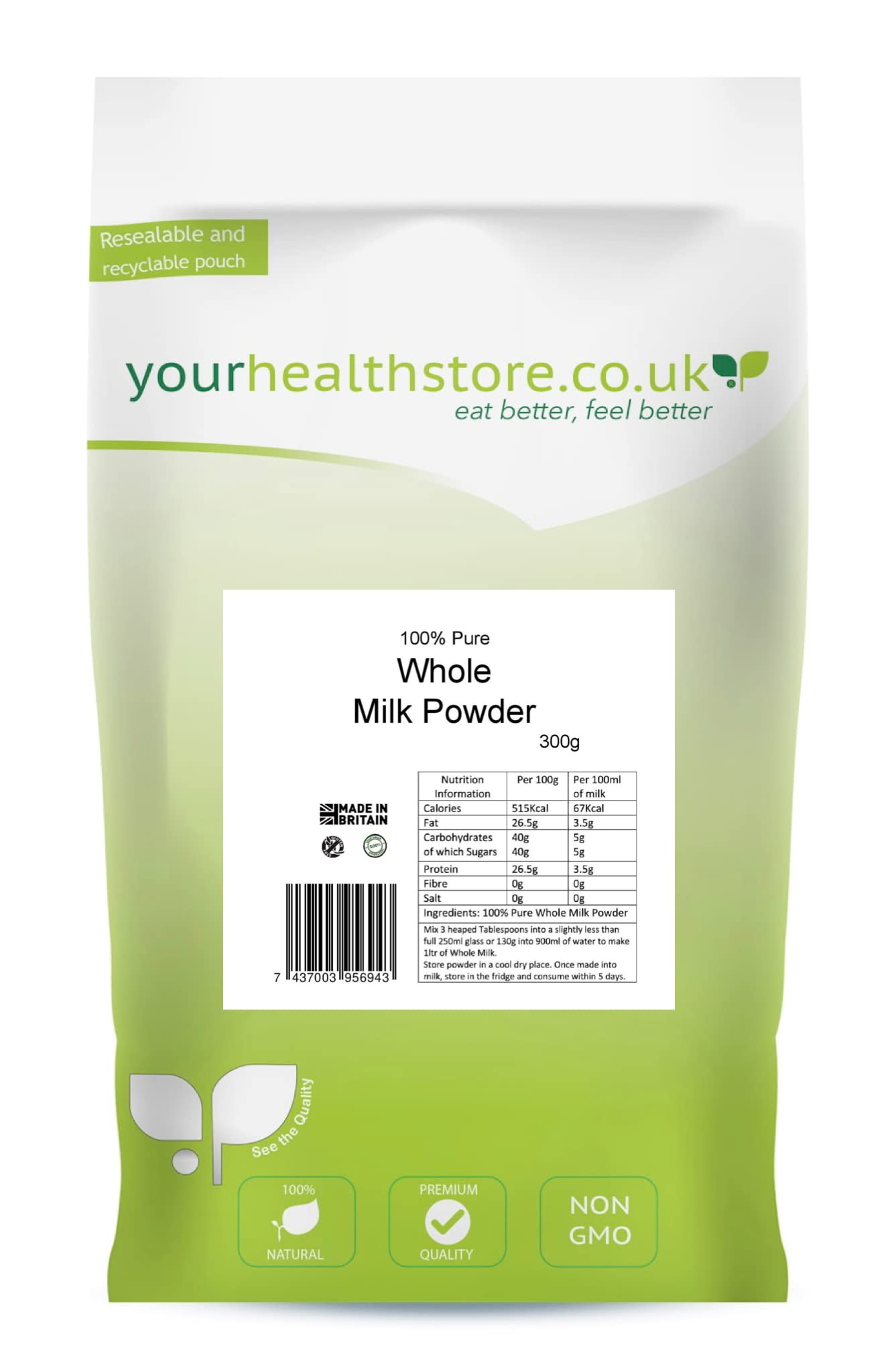 yourhealthstore 100% Pure Whole Milk Powder - 300g | Gluten Free | Vegetarian 1