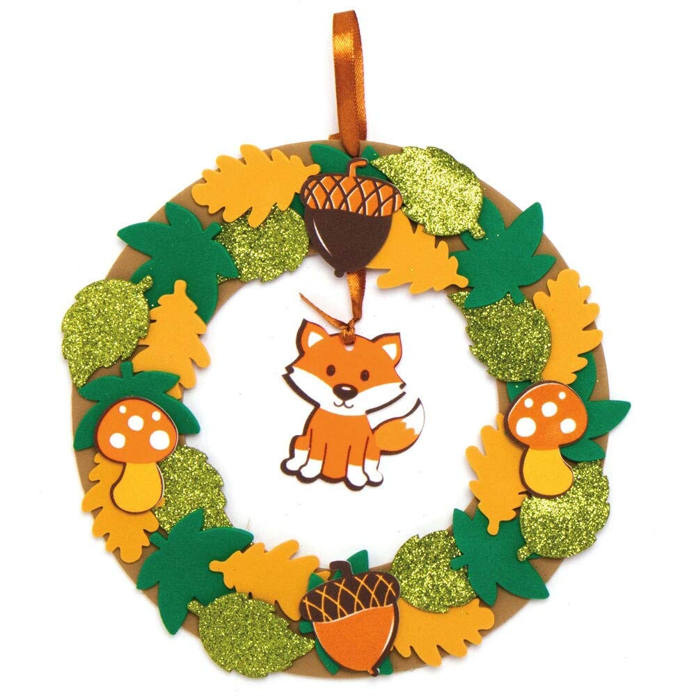 Baker Ross Autumn Wreath Craft Kit - Pack of 3 Foam Wreath Templates with Glitter Stickers and Ribbon 2