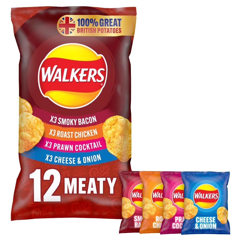 Walkers Meaty Variety Multipack Chips 12x25g - Geräucherter Speck, Brathähnchen, Krabbencocktail, Käse und Zwiebeln