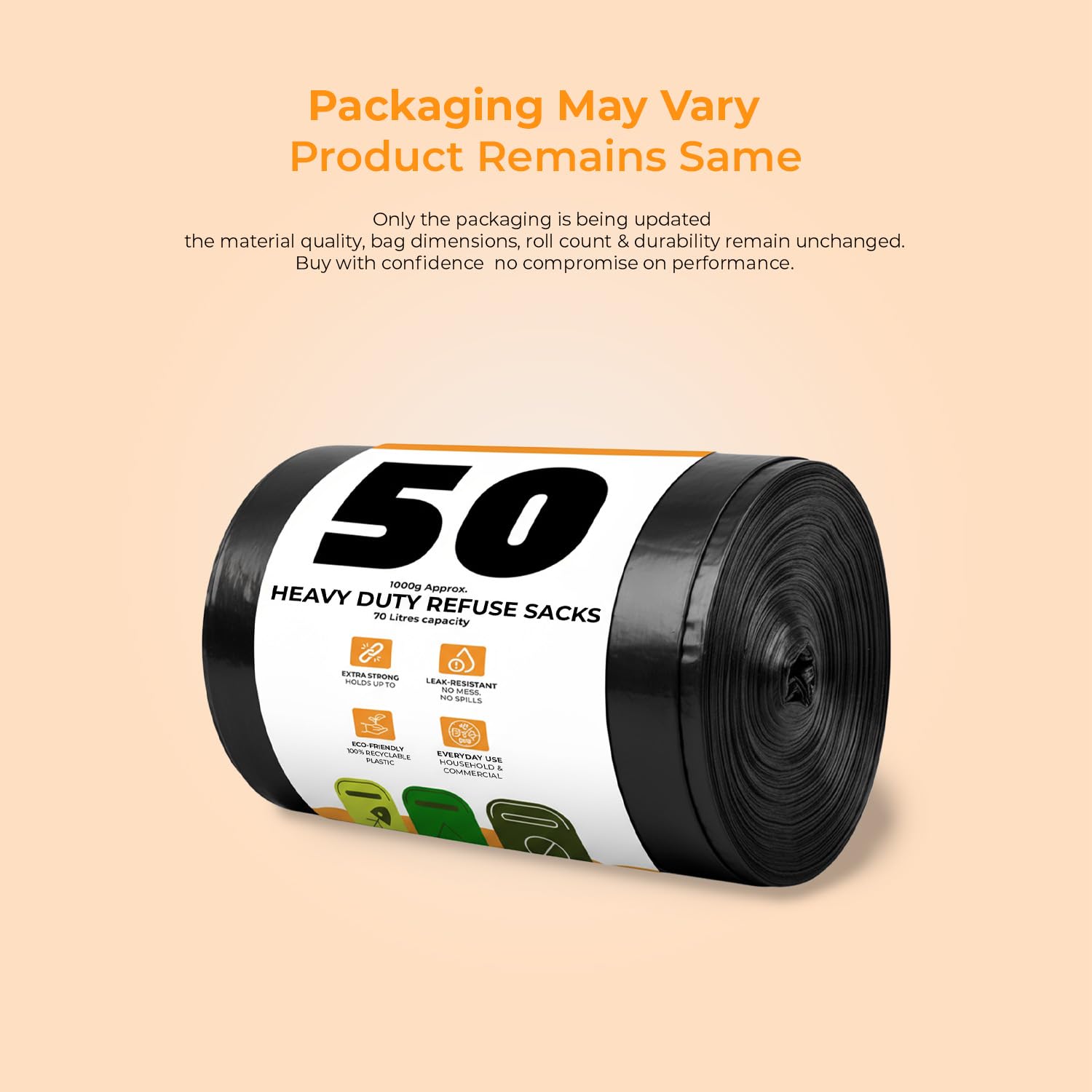 Roe Tenpo Heavy Duty Bin Liners - 50 Pack, 70L Capacity, 30 Micron Thick Plastic 2