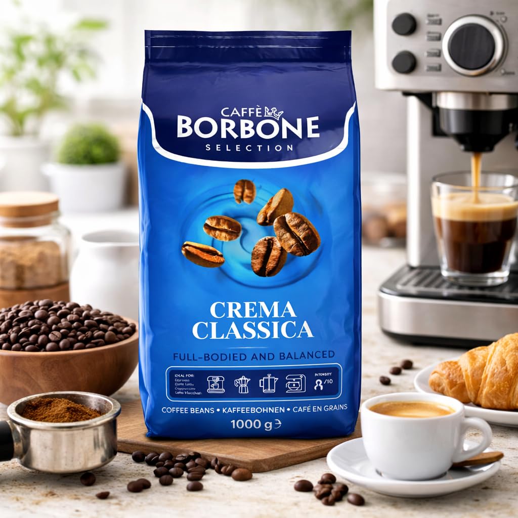 CAFFÈ BORBONE Crema Classica Roasted Whole Coffee Beans - 1kg Bag | Intensity 8/10 | Cocoa & Nut Notes 7