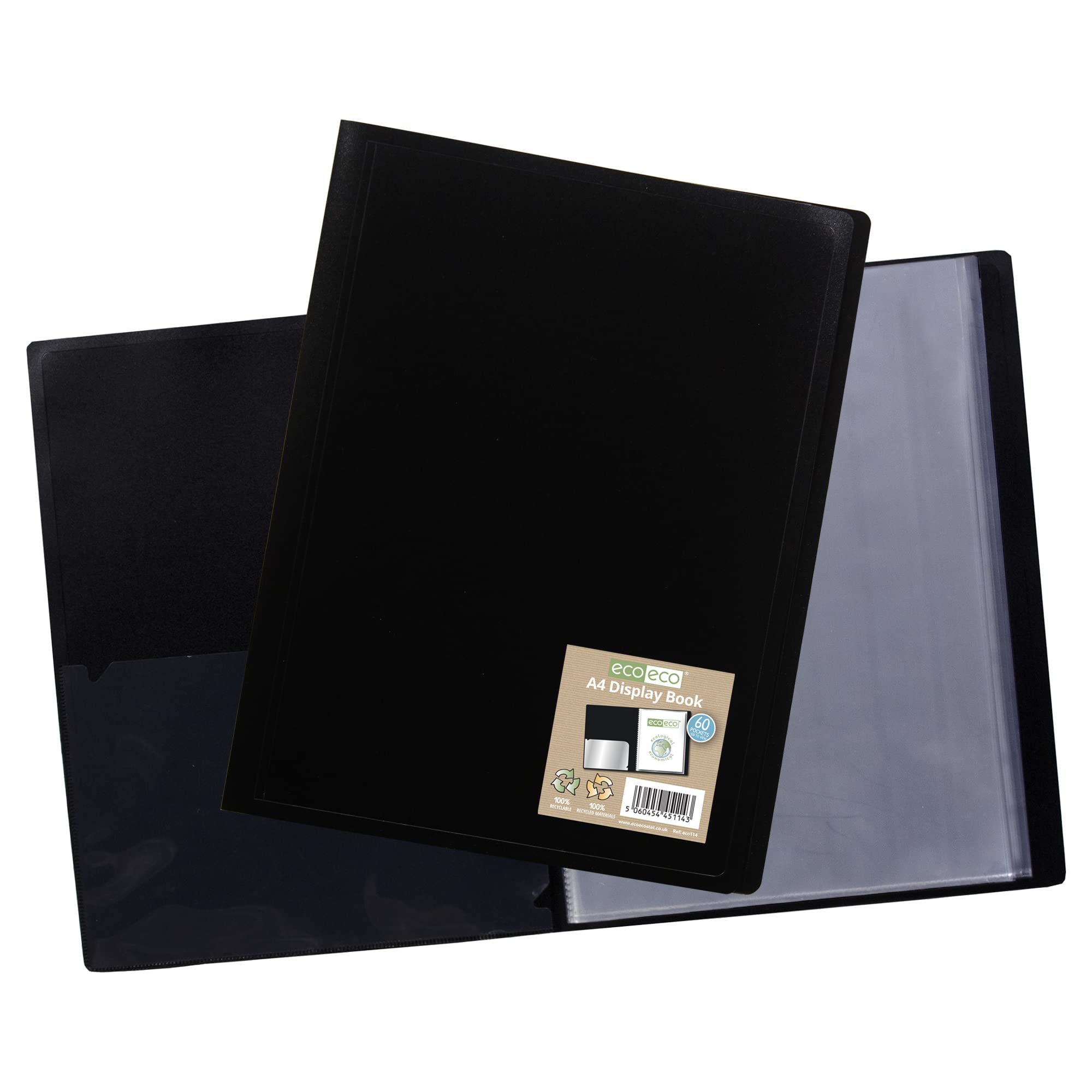 eco-eco A4 60 Pocket Flexible Cover Portfolio Display Book | 100% Recycled | Black