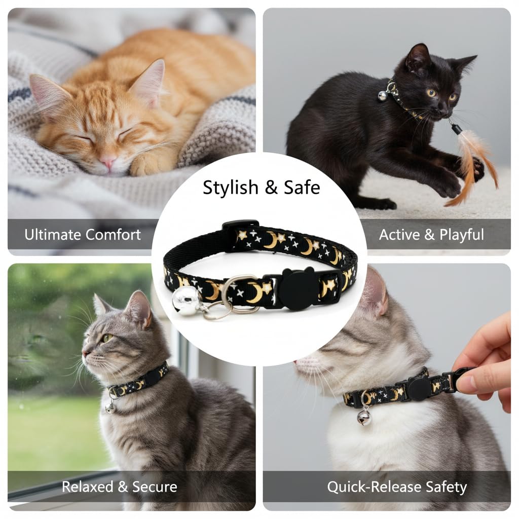 Muexoee Reflective Adjustable Cat Collar with Bell | Moon Star Print | Green | 2 Pack 4