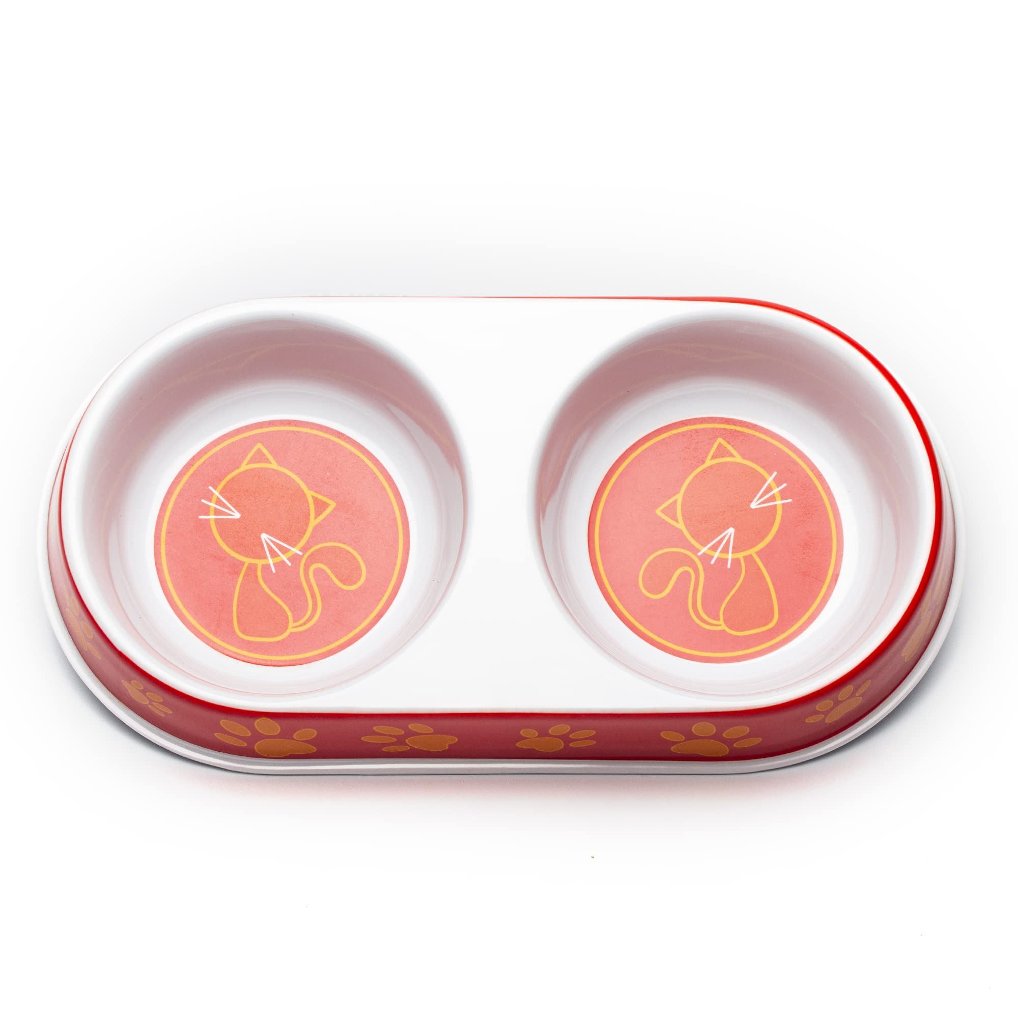 Petface Melamine Double Cat Bowl - Orange/Red Paw Print Design | Includes Placemat 5