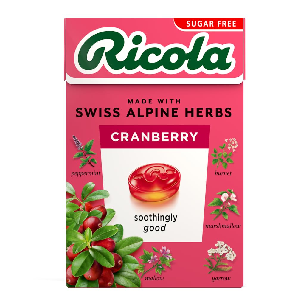 Ricola Cranberry Sugar Free Swiss Herbal Sweets - 45g Box | Sugar Free, Vegan, Gluten Free