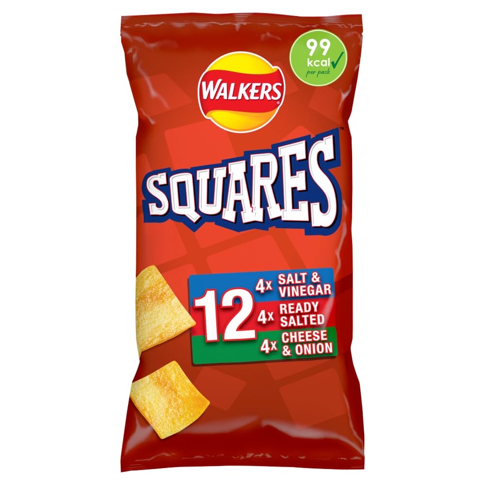 Walkers Squares Potato Snacks Multipack - 12 x 22g Packs | Salt & Vinegar, Ready Salted, Cheese & Onion 1