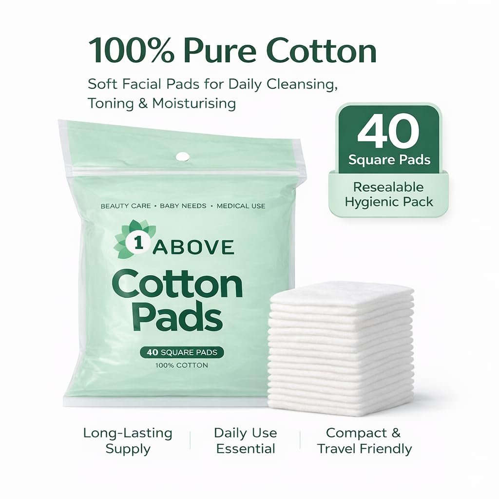 1ABOVE Square Cotton Wool Pads - Pack of 40 | 100% Pure Cotton | Hypoallergenic