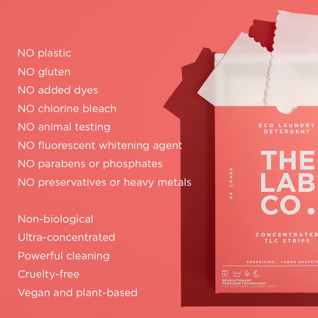 The Lab Co. – Waschmittelstreifen für 64 Waschladungen (Öko-Ultrakonzentrat, nicht biologisch, empfindliche Haut, Duft: Grapefruit, Amber, Eukalyptus)
