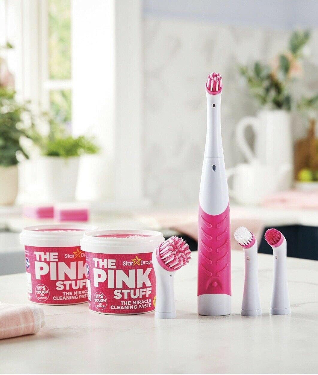 The Pink Stuff Sonic Scrubber Kit with Miracle Cleaning Paste and 4 Brush Heads