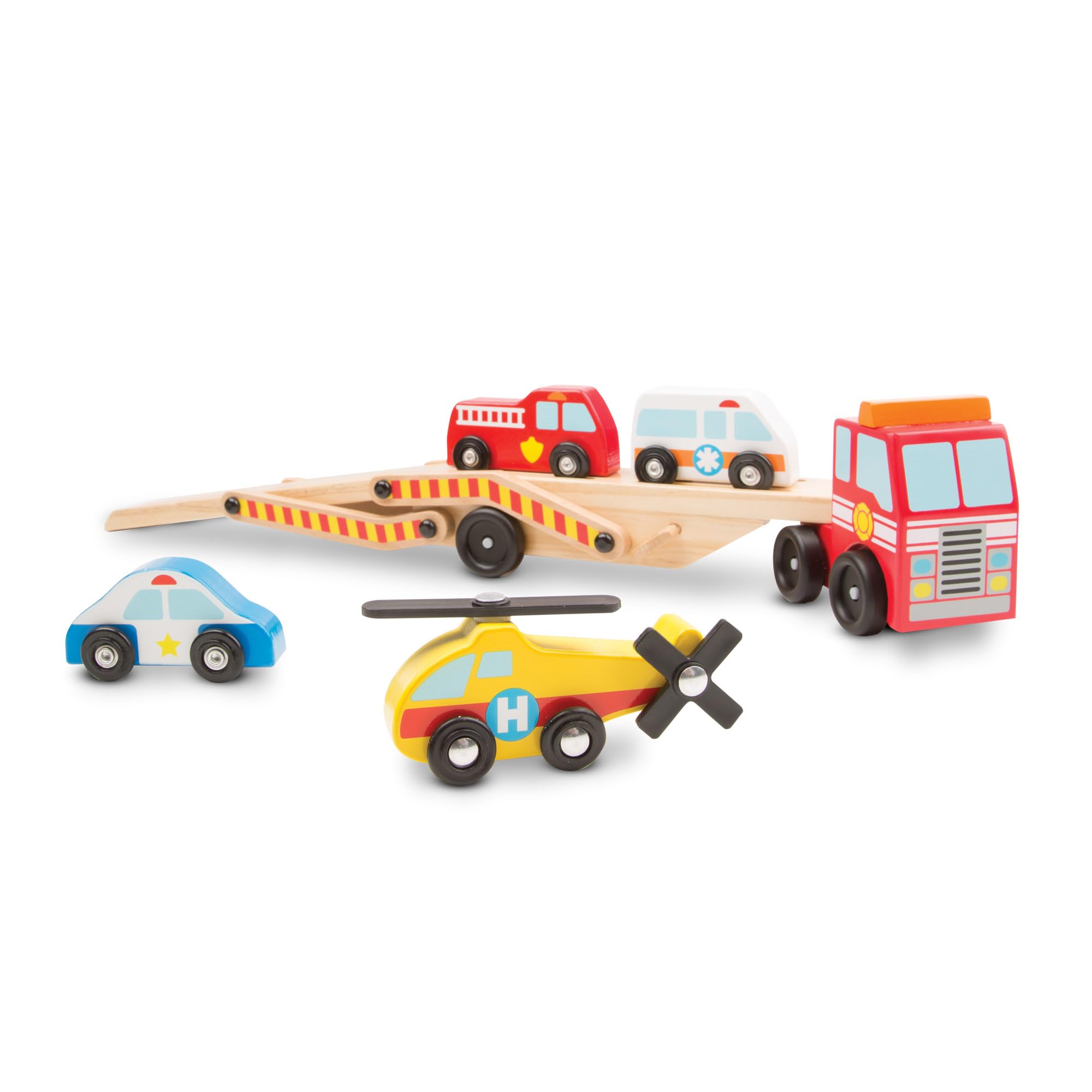 Melissa & Doug Wooden Emergency Vehicle Carrier Toy with 4 Magnetic Vehicles | Ages 3+ 4