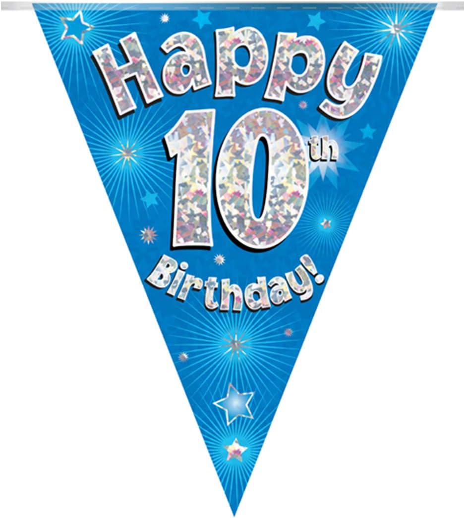 Happy 10th Birthday Party Bunting - Blue Holographic 11 Flags, 3.9m