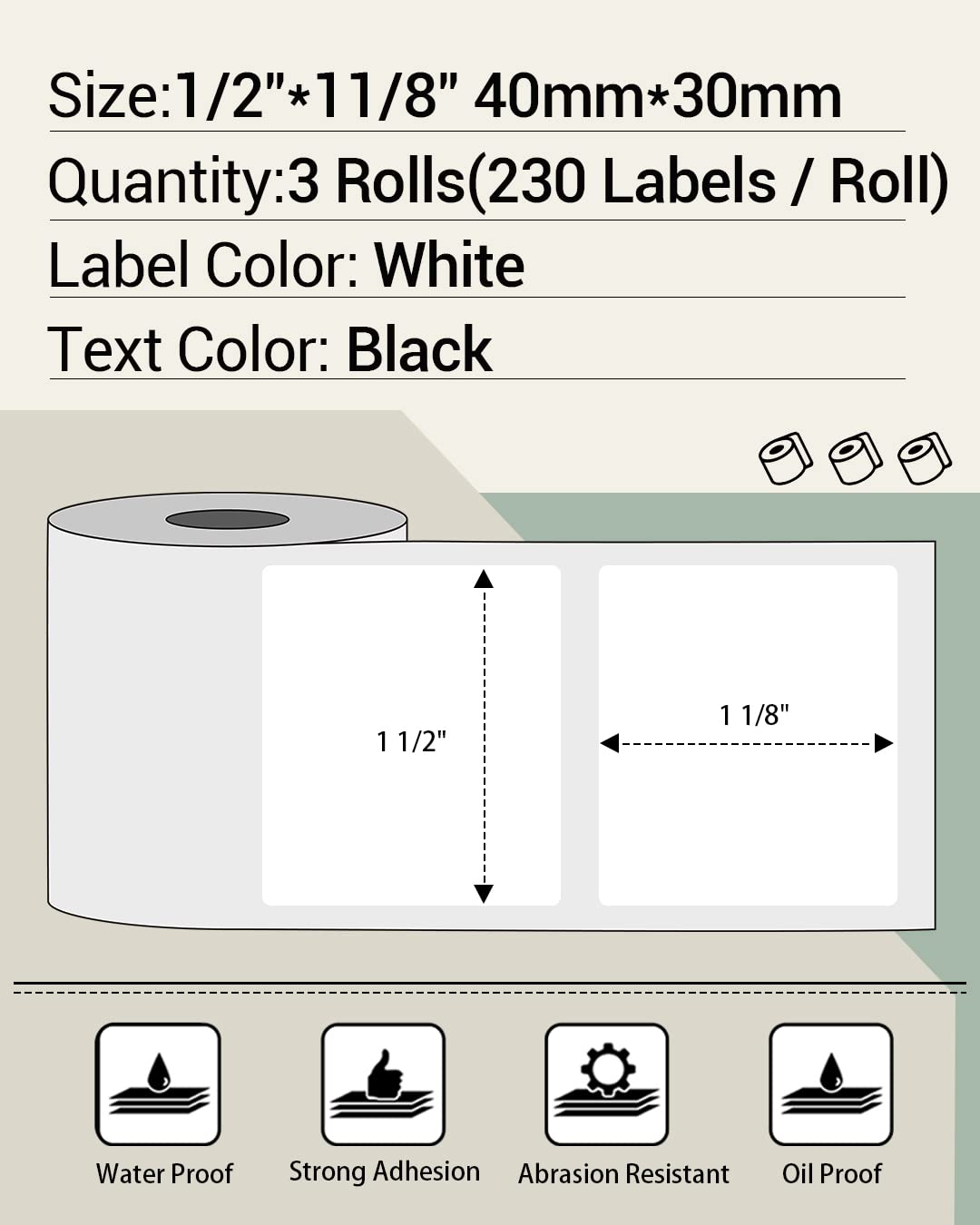 Phomemo Thermal Printer Labels - 3 Rolls, 40x30mm White Rectangular, Ink-Free Printing