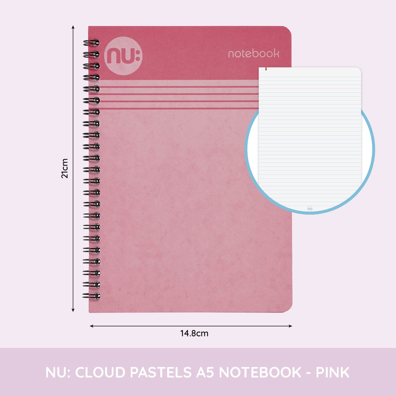 nu: Notebooks - Cloud Pastels Range - A5 Ruled Wirebound Notebook | Pink | 110 Pages