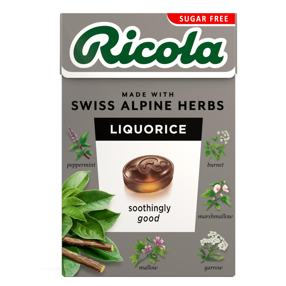 Ricola Lakritz Zuckerfreie Schweizer Kräuterbonbons, 10er-Pack Bonbonbox, Stevia-gesüßte Kräuterbonbons mit 13 Alpenkräutern, 45g