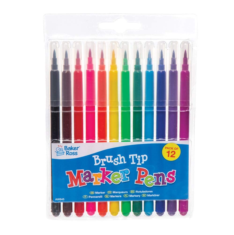 Baker Ross AW645 Brush Tip Marker Pen Set - Pack of 24 Assorted Colour Pens for Kids & Adults