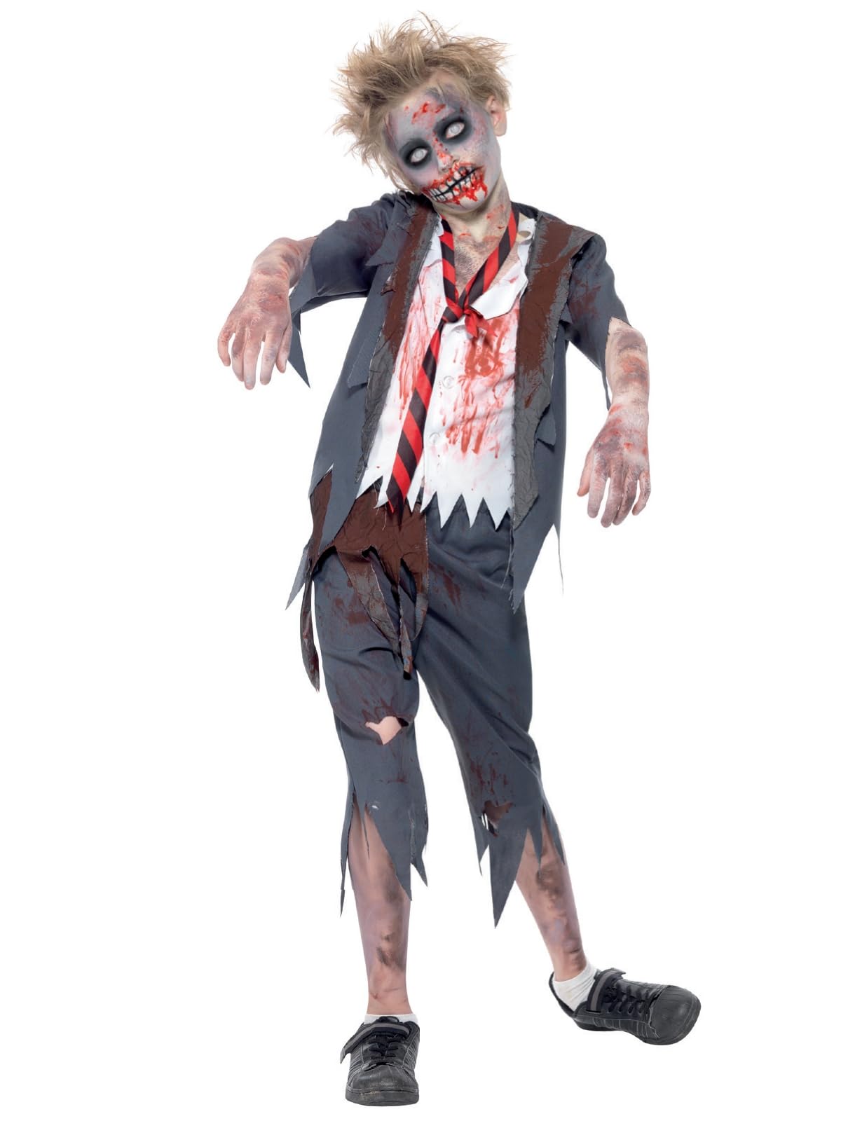 Smiffys Zombie School Boy Costume - Grey Full Set with Trousers, Jacket, Mock Shirt & Tie for Kids Ages 7-9 1