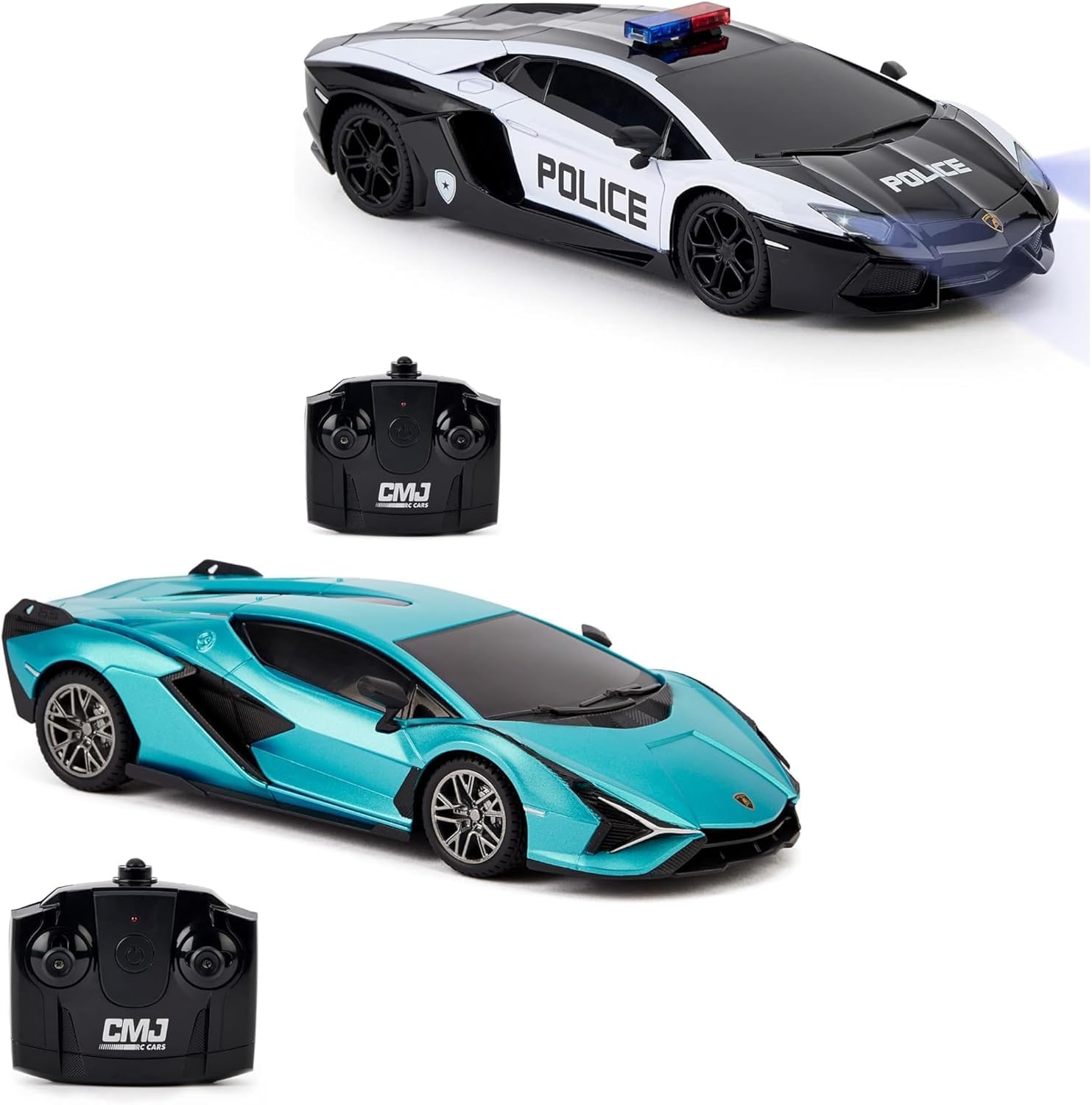 CMJ RC Cars Twin Pack - 1:24 Scale Lamborghini Sian & Lambo Police Remote Control Vehicles 1