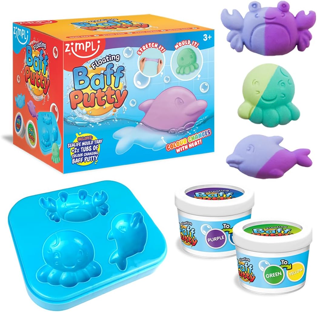 Zimpli Kids Floating Baff Putty - 2 x Colour Changing Bath Putty Tubs with Seafloor Mould Tray 1