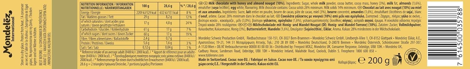 Toblerone Milk Chocolate Bar with Honey & Almond Nougat - 200g Gift Bar 2