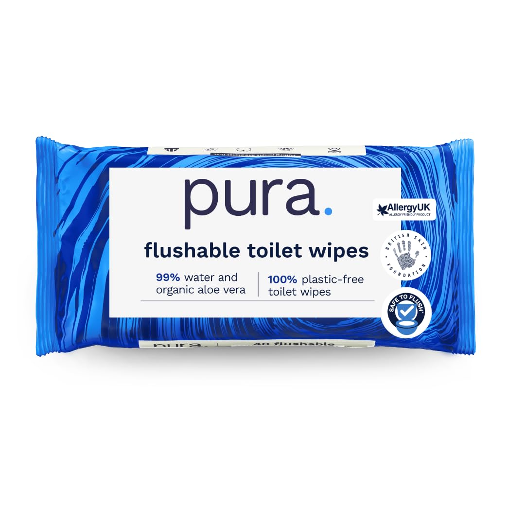 Pura Flushable Moist Toilet Tissue Wipes - 40 Count Pack, 100% Plastic Free 1