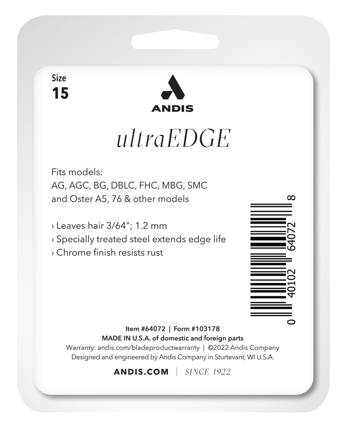 Andis UltraEdge Steel Replacement Blade - 15-inch Size | Compatible with A5 Oster, AGC, Wahl KM1 | Durable Alloy Steel 3
