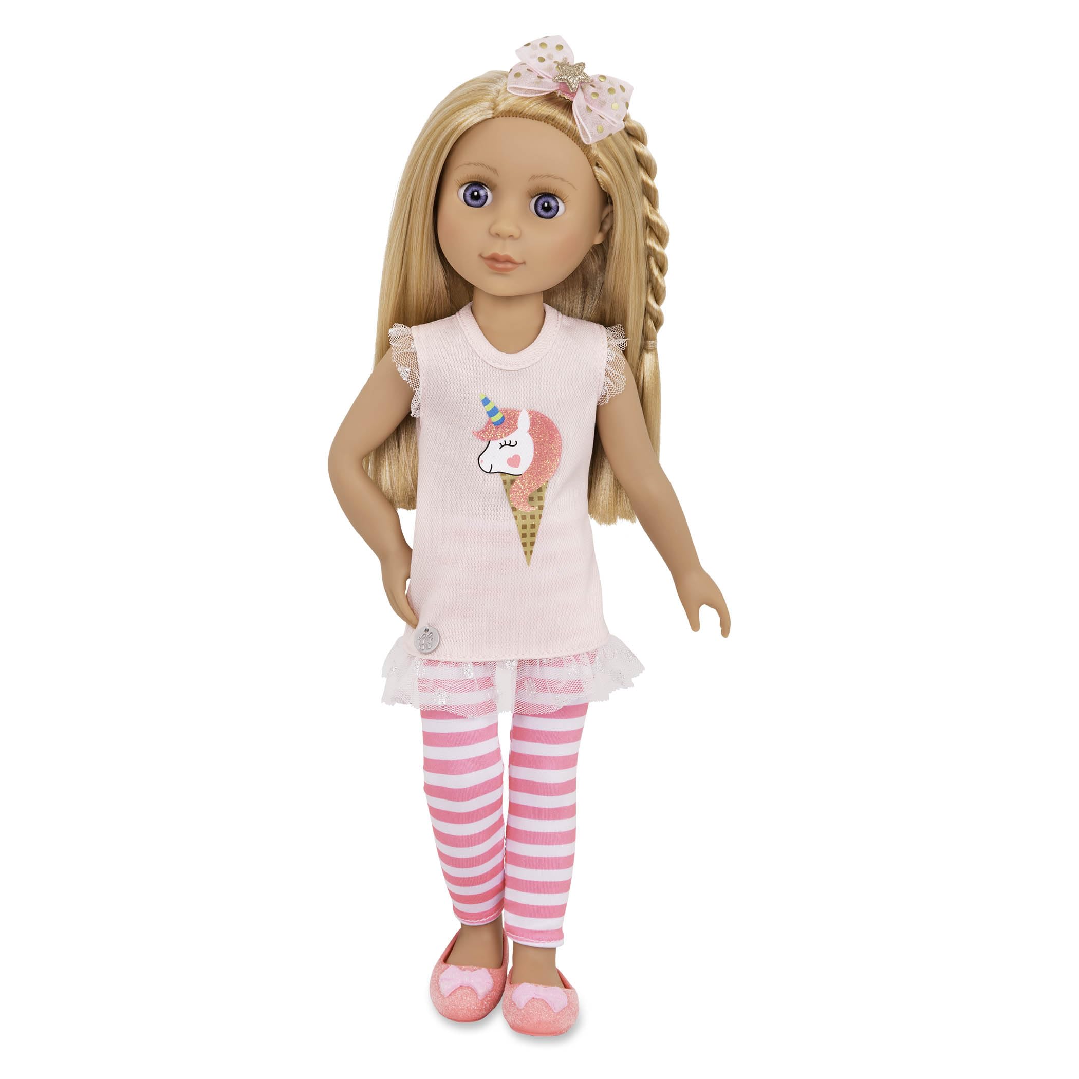 Glitter Girls Lacy - 14-Inch Posable Fashion Doll with Blonde Hair & Purple Eyes - Pink Tunic Outfit