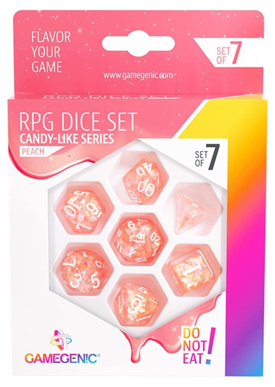 Gamegenic Candy-Like Series Peach Glitter Resin RPG-Würfelset – 7-teilige polyedrische Würfel für Rollenspiele