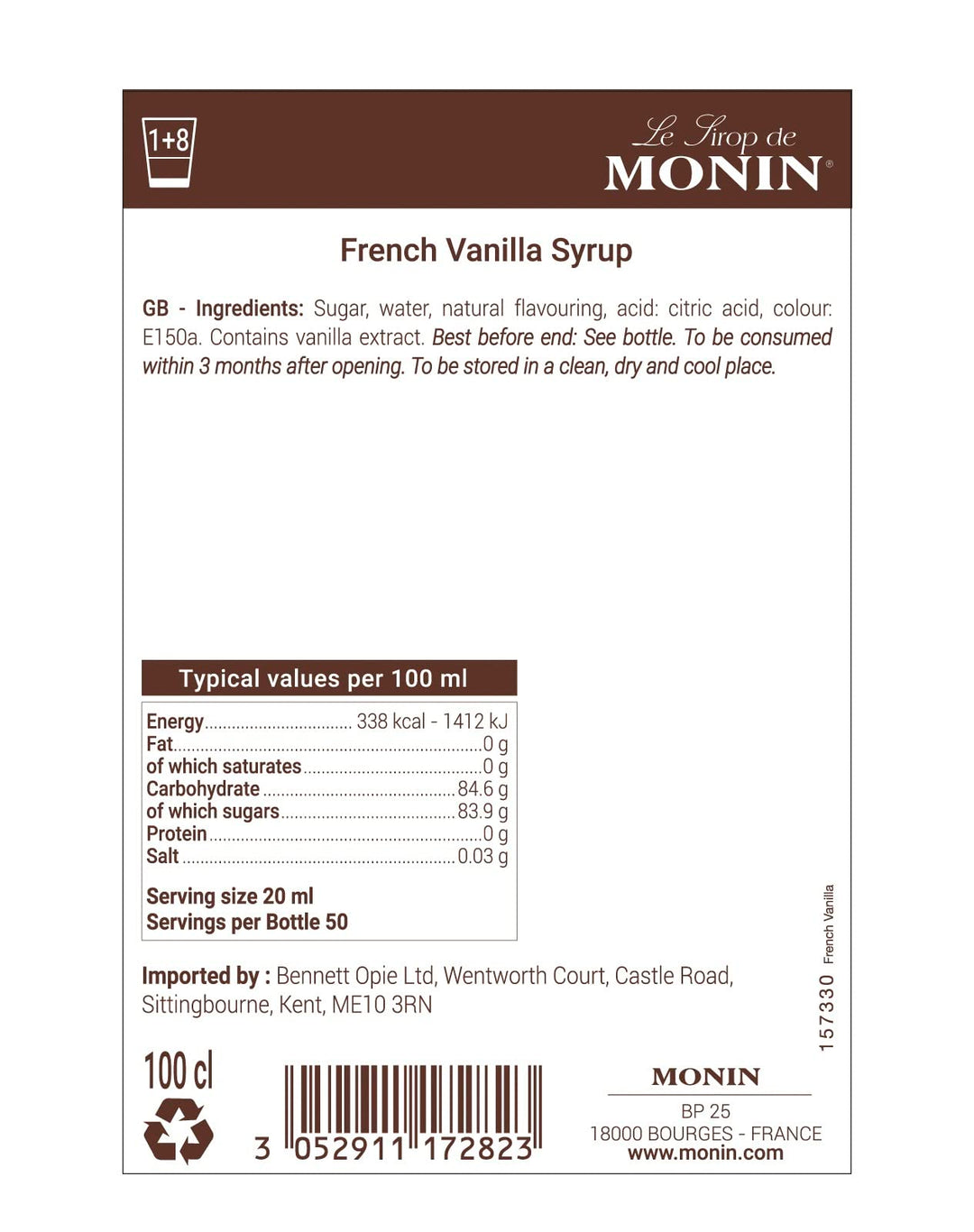 MONIN French Vanilla Syrup 1L - Vegan, Allergen-Free, Natural Flavours for Coffee & Cocktails