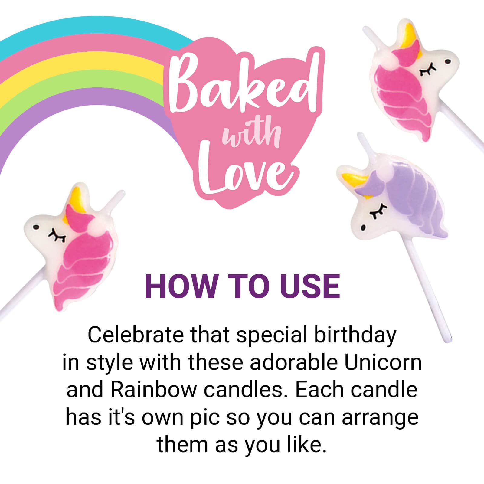 Culpitt Baked with Love Unicorn Birthday Candles - Pack of 6 Pink & Purple Unicorns with Rainbows 5