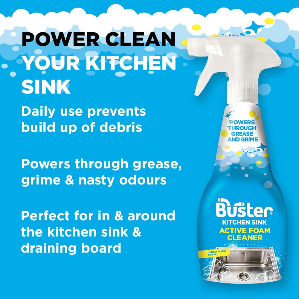 Buster Active Foam Kitchen and Bathroom Cleaner Spray - 2 x 500ml Twin Pack | Removes Limescale