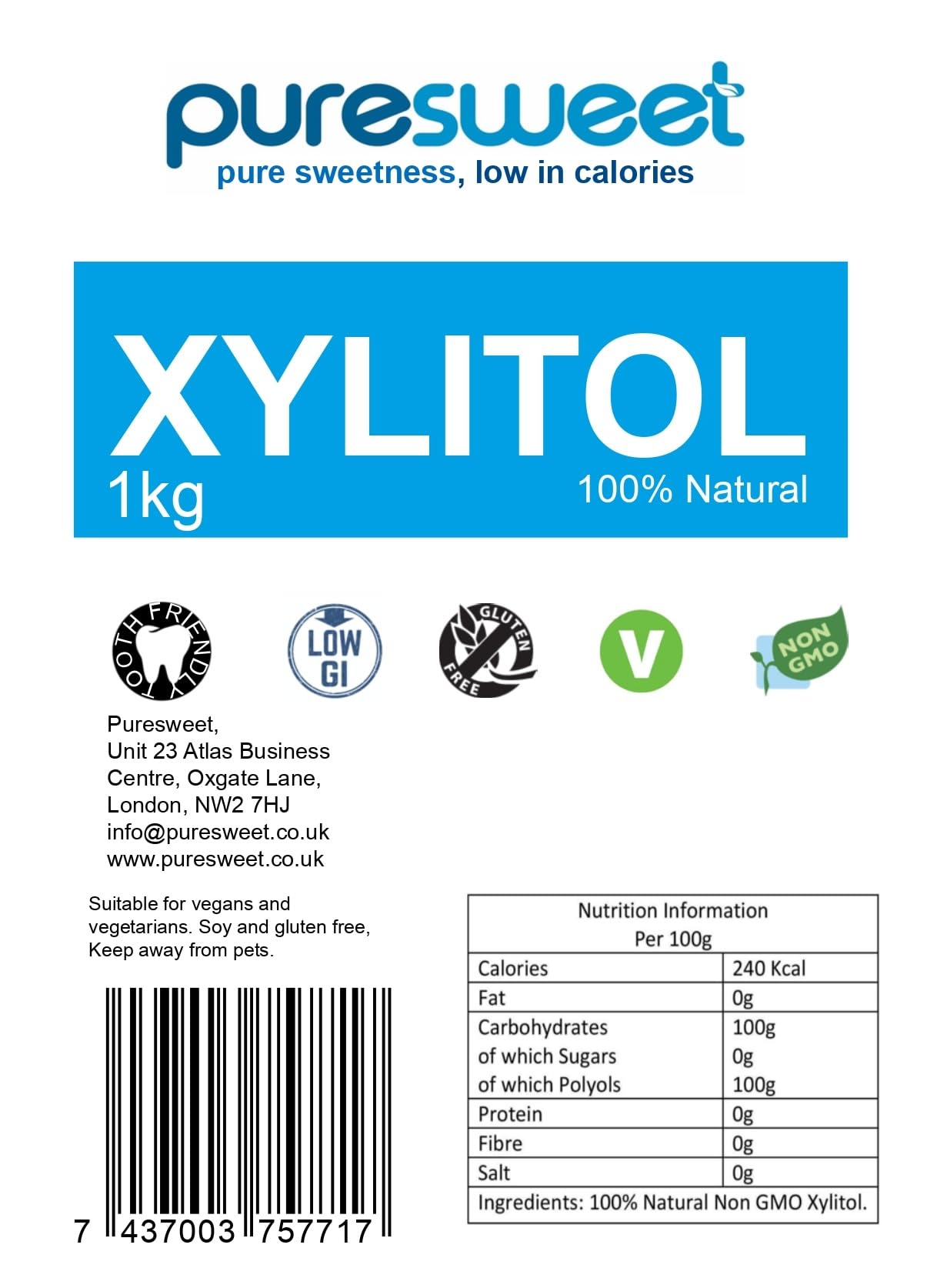Puresweet® Xylitol 1 kg – Natürliche Zuckeralternative, gentechnikfrei, für Diabetiker und Keto-Patienten geeignet