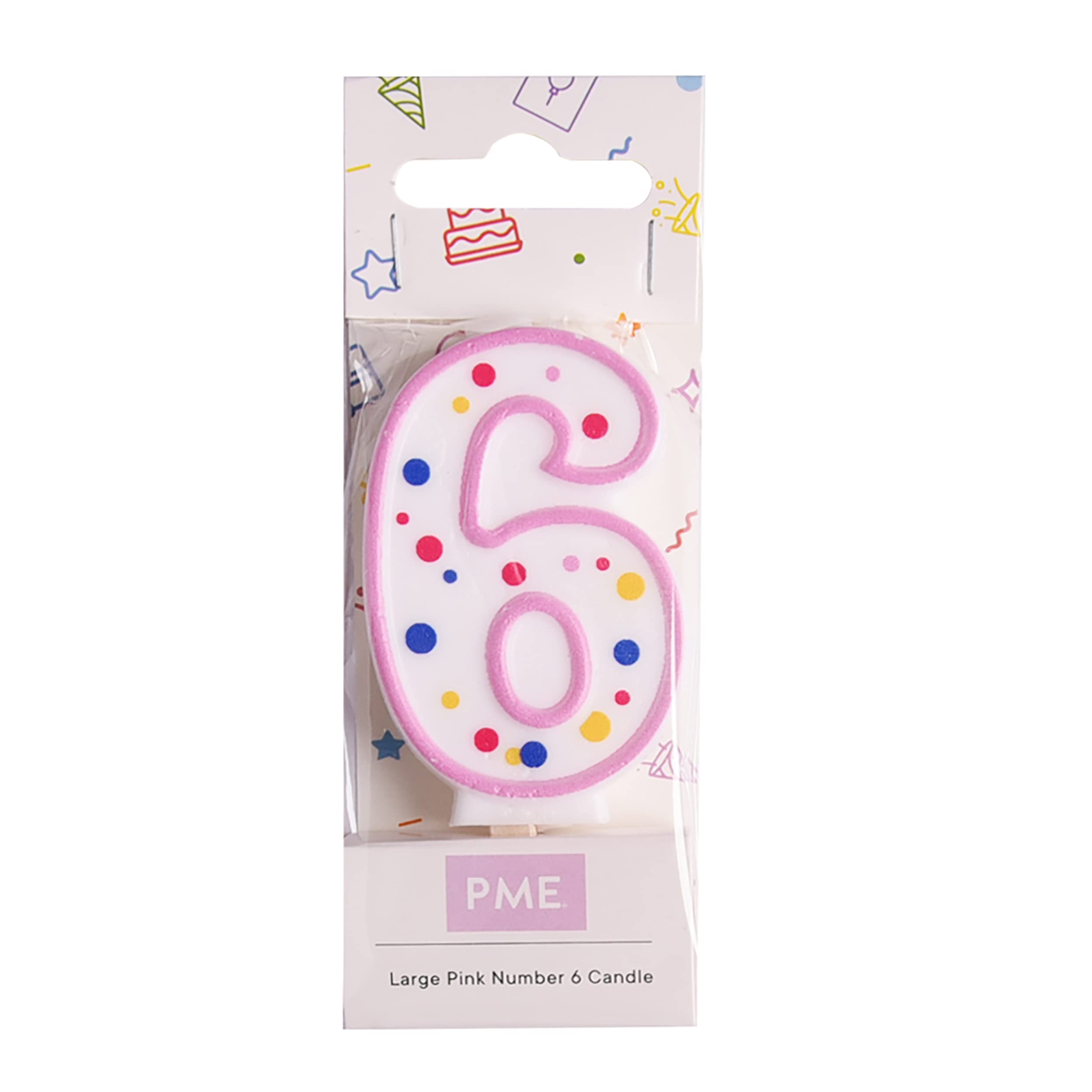 PME Pink Number 6 Birthday Candle with Multi-Coloured Polka Dots | 6.3cm
