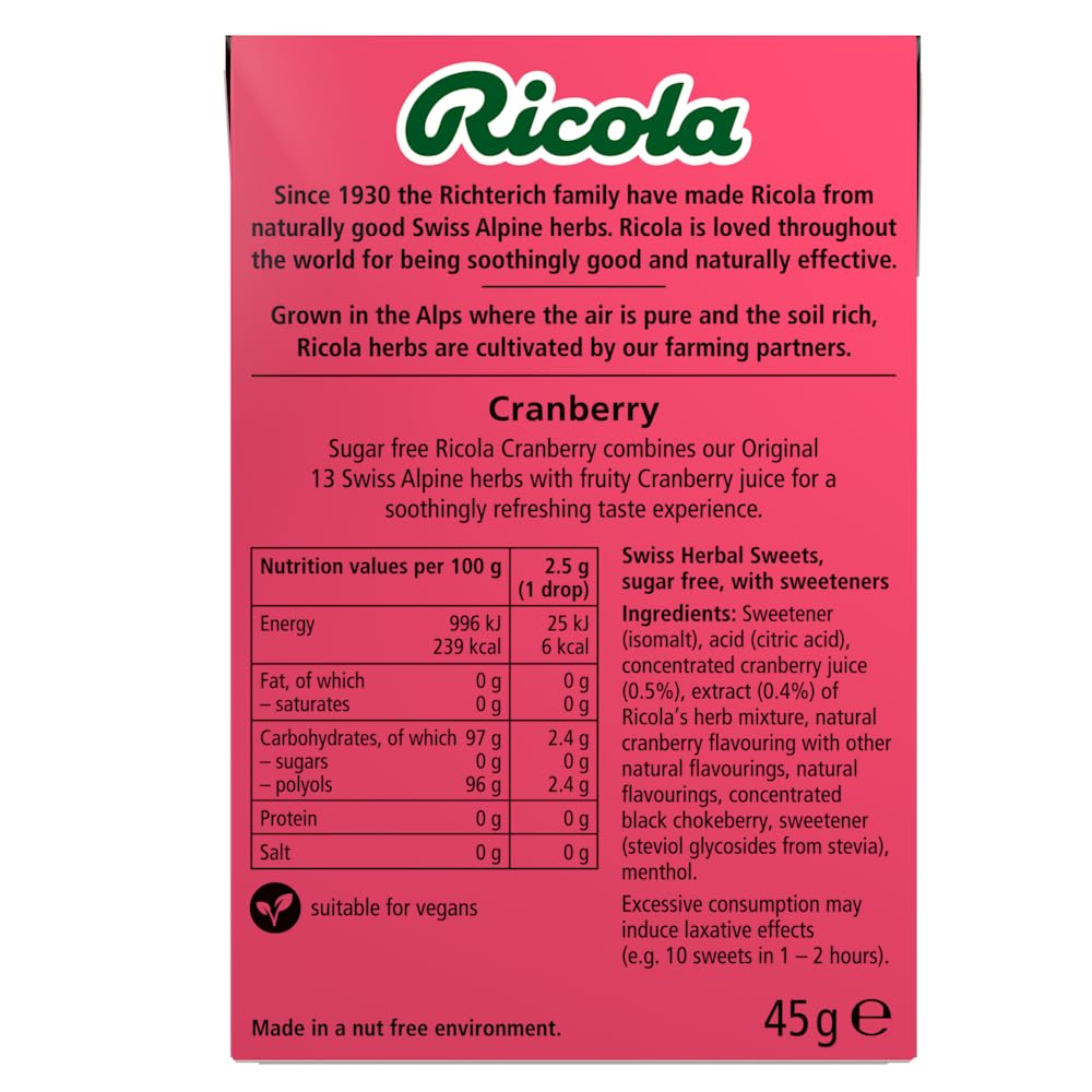 Ricola Cranberry Sugar Free Swiss Herbal Sweets - 45g Box of 20 Drops 3