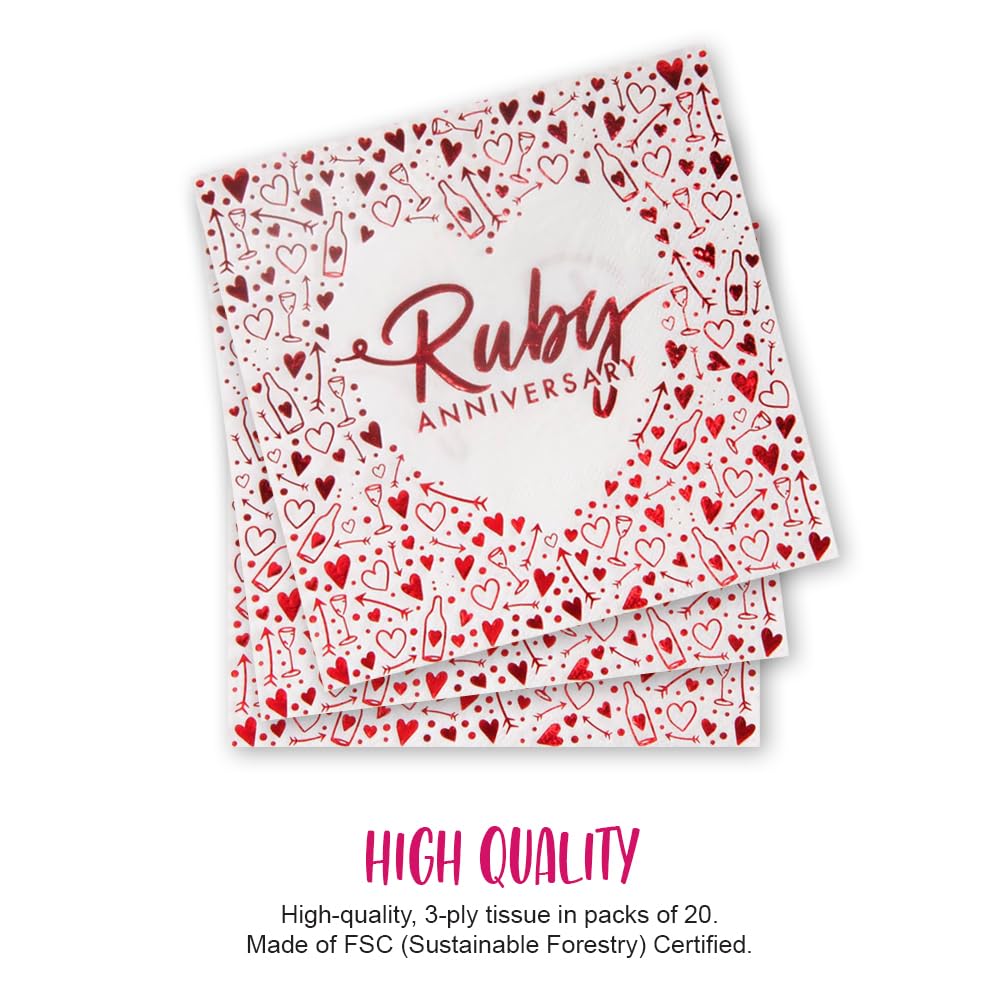 Anniversary House Ruby 40th Anniversary Lunch Napkins - 3 Ply Paper | 16 Count | 13 Inch