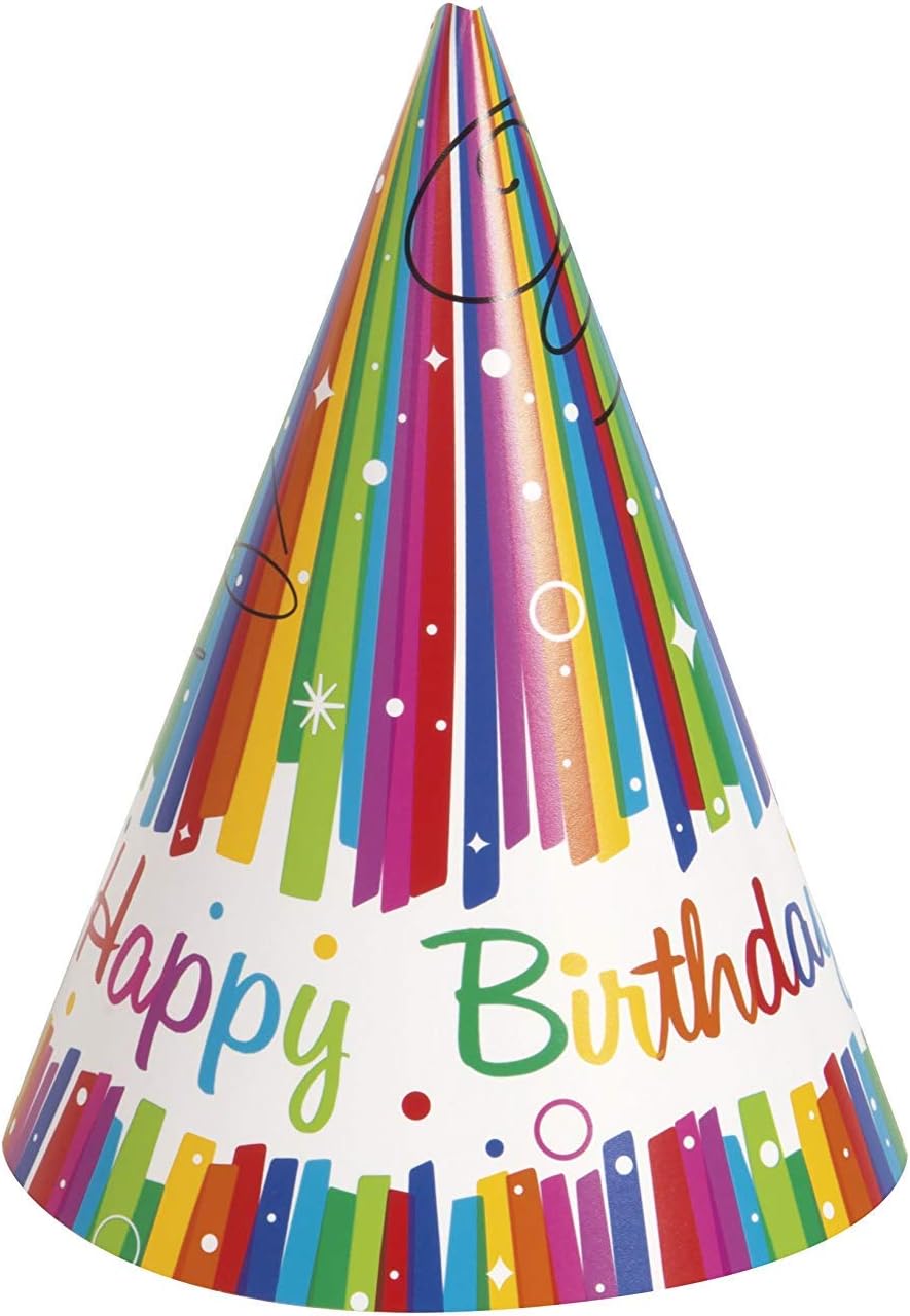Rainbow Ribbons Birthday Party Hats, Pack of 8 - Cone Paper Hats with Elastic Band 1