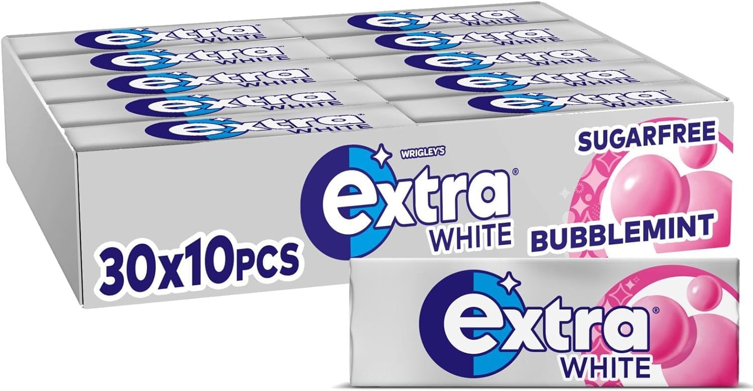 Extra White Chewing Gum - Sugar Free Bubblemint Flavor for Stain Removal | 30 Packs of 10 Pieces 1